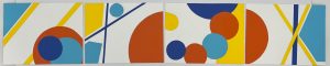 A variety of shapes arranged loosely in the Fibonacci spiral across four panels