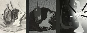 A traditional rendered image of a wine bottle, bone, and cloth progressively abstracting from right to left.