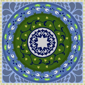 An oriental rug pattern with various natural shapes in a radial pattern.